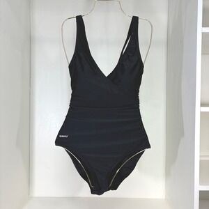 Speedo Womens Black Wrap V-Neck Crisscross Back One Piece Swimsuit Size 12